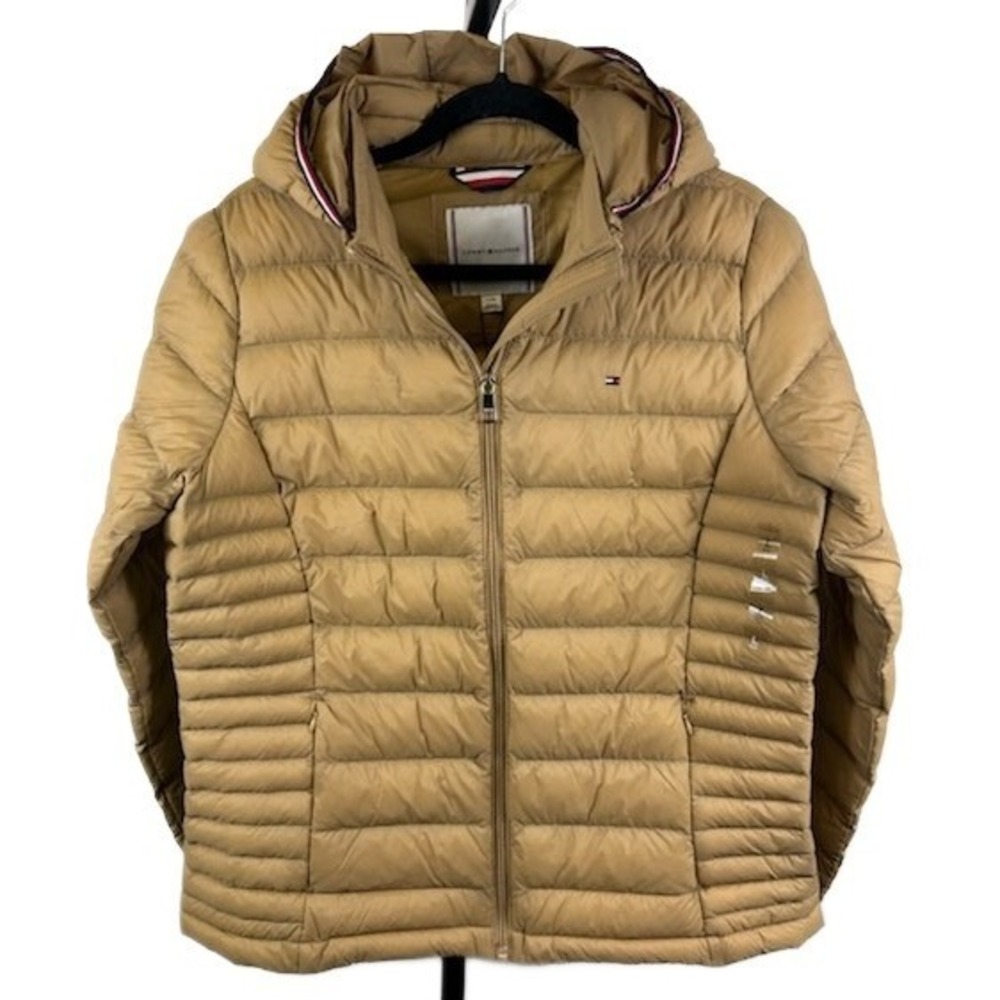 Tommy Hilfiger Puffer Jacket Women's Size Large Tan Hooded Water‎ Resistant Warm